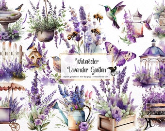 Watercolor Lavender Garden Clipart - Provence floral spring PNG format instant download for commercial use