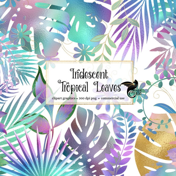 Iridescent Tropical Leaves Clipart, rainbow foil tropical leaf PNG clip art graphics instant download for commercial use