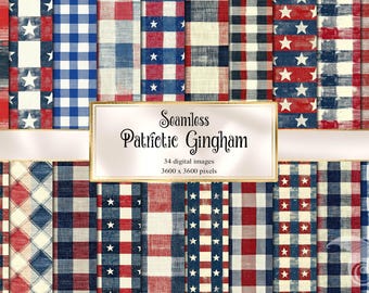 Patriotic Gingham Linen Digital Paper, Seamless Tartan Fabric Textures, Plaid Backgrounds