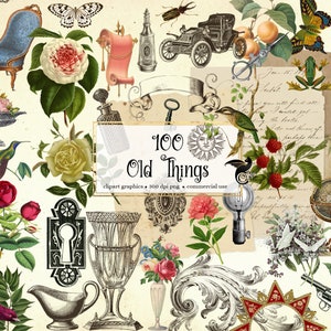 100 Old Things Clip Art - vintage antique objects and overlays in png format instant download for commercial use