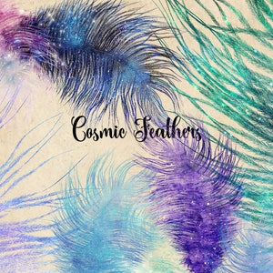 Cosmic Feathers Clipart, galaxy nebula watercolor bird feathers clip art, feather graphics, night sky outer space fantasy graphics