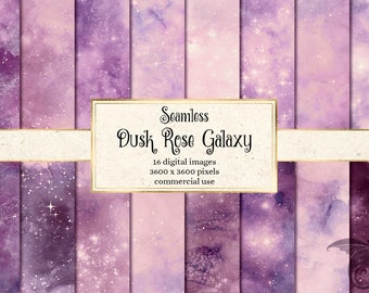 Dusk Rose Galaxy Digital Paper, seamless watercolor starry night backgrounds printable night sky nebula scrapbook paper textures