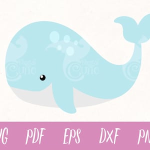 Puede incluir: Ilustraci&oacute;n de una ballena de dibujos animados azul claro con vientre blanco y ojo negro. La imagen incluye el texto "SVG PDF EPS DXF PNG" en letras blancas sobre un fondo rosa.