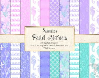 Pastel Mermaid Digital Paper - seamless background patterns instant download for commercial use