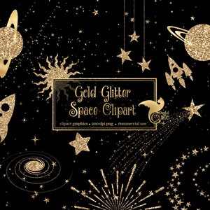 Gold Glitter Space Clipart - système solaire de galaxie de paillettes avec des planètes, des étoiles et des fusées téléchargement instantané pour un usage commercial