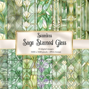 Puede incluir: Una colección de imágenes digitales sin costuras con diseños de vidrieras color salvia. Los diseños incluyen patrones florales y geométricos con detalles dorados. El texto de la imagen dice "Seamless Sage Stained Glass".