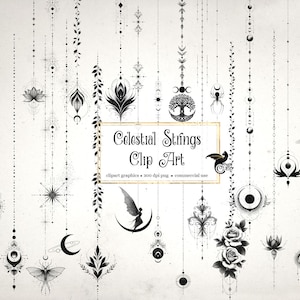May include: Black and white celestial-themed clip art featuring various designs, including moons, stars, flowers, and geometric shapes. The text "Celestial Strings Clip Art" is displayed in the center, with additional text below.