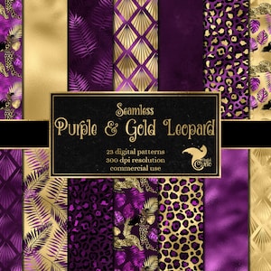 Purple and Gold Leopard Digital Paper, seamless leopard spot patterns, safari animal print in Art Deco style instant download commercial use