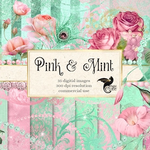 Pink and Mint Digital Scrapbooking Kit, clipart, digital paper, flowers, frames, pearls, vintage lace, diamonds, glitter digital overlays