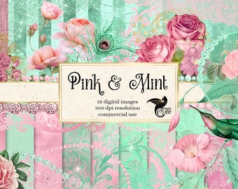 Pink and Mint Digital Scrapbooking Kit, clipart, digital paper, flowers, frames, pearls, vintage lace, diamonds, glitter digital overlays