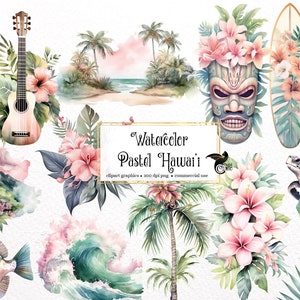 Aquarela Pastel Hawaii Clipart - clipart de ilha tropical de surf em aquarela em formato PNG, download instantâneo para uso comercial