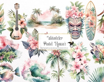 Watercolor Hawaii Clipart – Tropical Island Graphics (PNG, Digital Download)