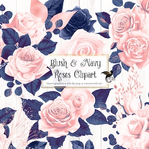 Blush and Navy Roses Clip Art, digital instant download vintage floral flower png embellishments, pink rose graphics