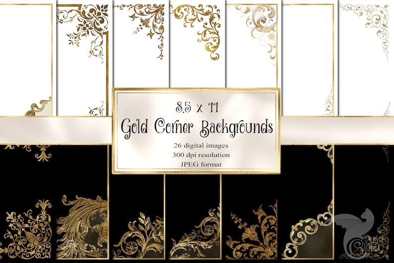 K&ouml;nnte beinhalten: Ein Satz von 26 digitalen Bildern mit goldenen Eckhintergr&uuml;nden im Format 8,5 x 11 Zoll. Die Bilder sind im JPEG-Format und haben eine Aufl&ouml;sung von 300 dpi.