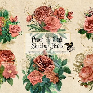 Peach and Coral Shabby Floral Clip Art, digital instant download vintage flower png embellishments, peach pink roses for commercial use