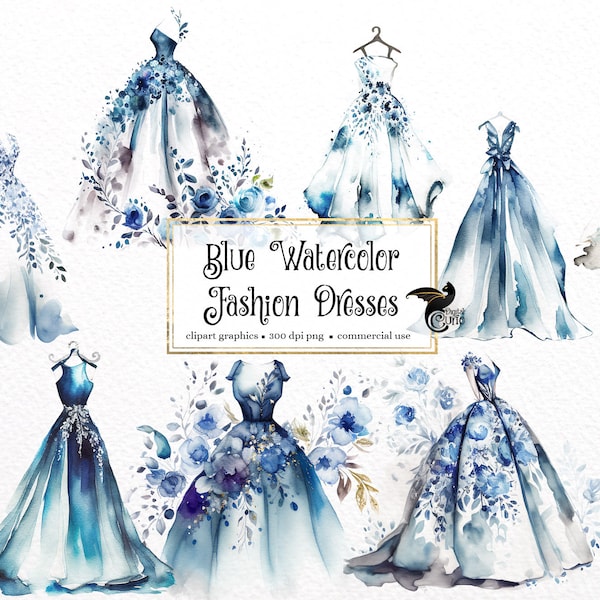 Blue Watercolor Fashion Dresses Clipart, dresses and gowns PNG clip art graphics instant download for commercial use