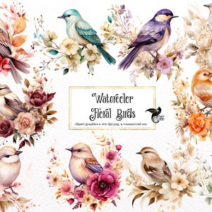 Clipart de pássaros florais em aquarela - pássaros fofos com flores e folhas em formato PNG download instantâneo para uso comercial
