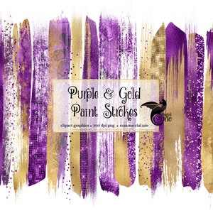 Purple and Gold Paint Strokes Clipart, with gold glitter and gold foil in digital PNG format instant download for commercial use