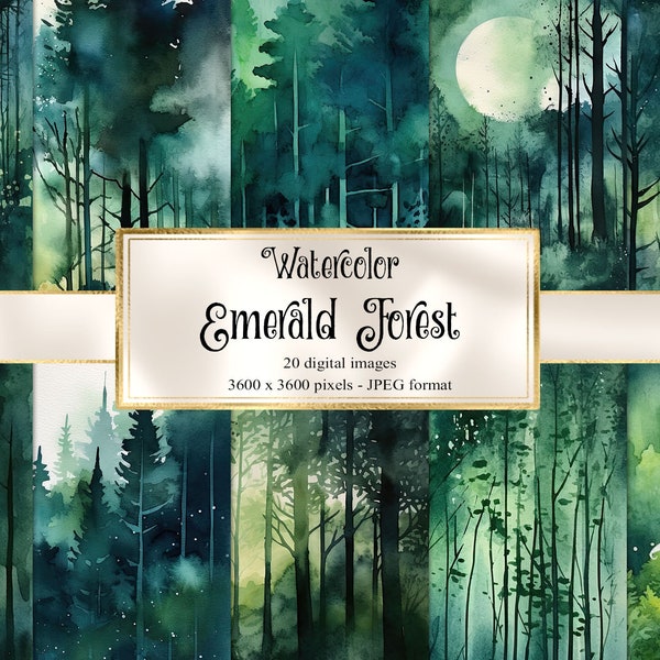 Watercolor Emerald Forest Digital Paper - watercolor textures instant download printable scrapbook paper for commercial use