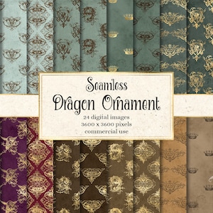 May include: A set of 24 digital seamless patterns featuring gold dragon ornaments on various colored backgrounds. The patterns are 3600 x 3600 pixels and are for commercial use.