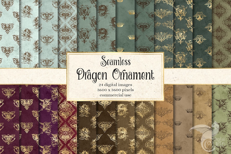 May include: A set of 24 digital seamless patterns featuring gold dragon ornaments on various colored backgrounds. The patterns are 3600 x 3600 pixels and are for commercial use.