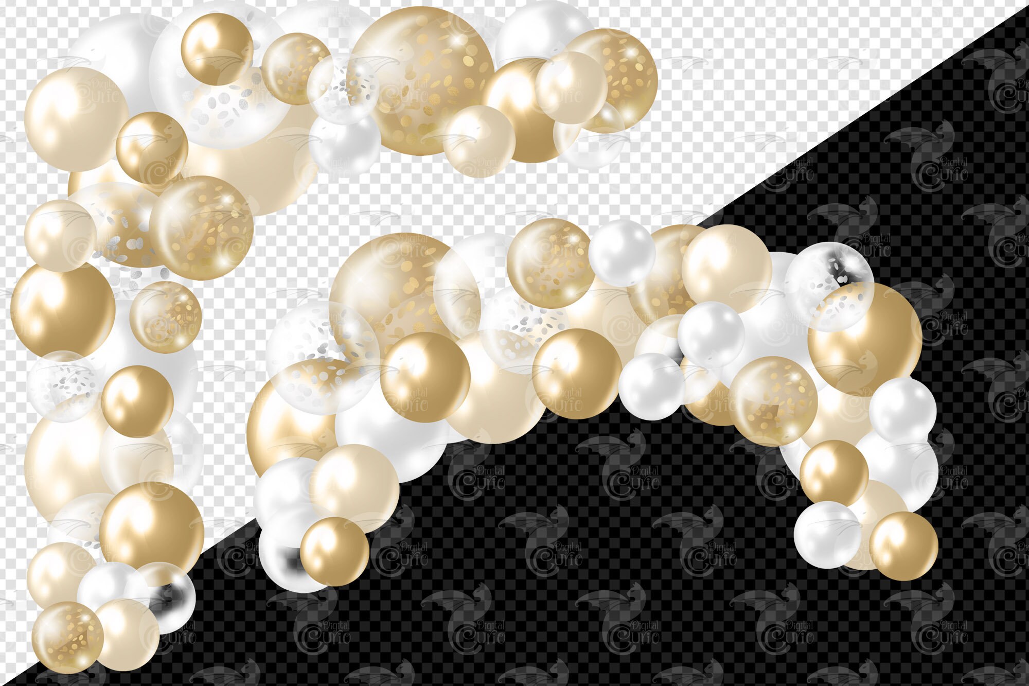 Gold Balloon Arch Clipart, Ribbons and Confetti (PNG Digital Download ...