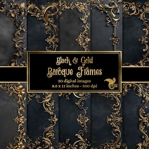 Puede incluir: Un conjunto de 30 imágenes digitales con marcos barrocos negros y dorados. Cada marco mide 21,6 x 27,9 cm y 300 dpi.