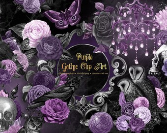 May include: Purple gothic clip art featuring a black raven, a skull, owls, a chandelier, and purple roses. The text "Purple Gothic Clip Art" is in a gold frame.