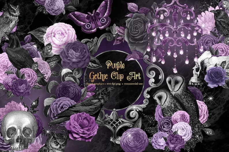 Peut inclure: Clip art gothique violet avec un corbeau noir, un cr&acirc;ne, des hiboux, un lustre et des roses violettes. Le texte "Purple Gothic Clip Art" est dans un cadre dor&eacute;.