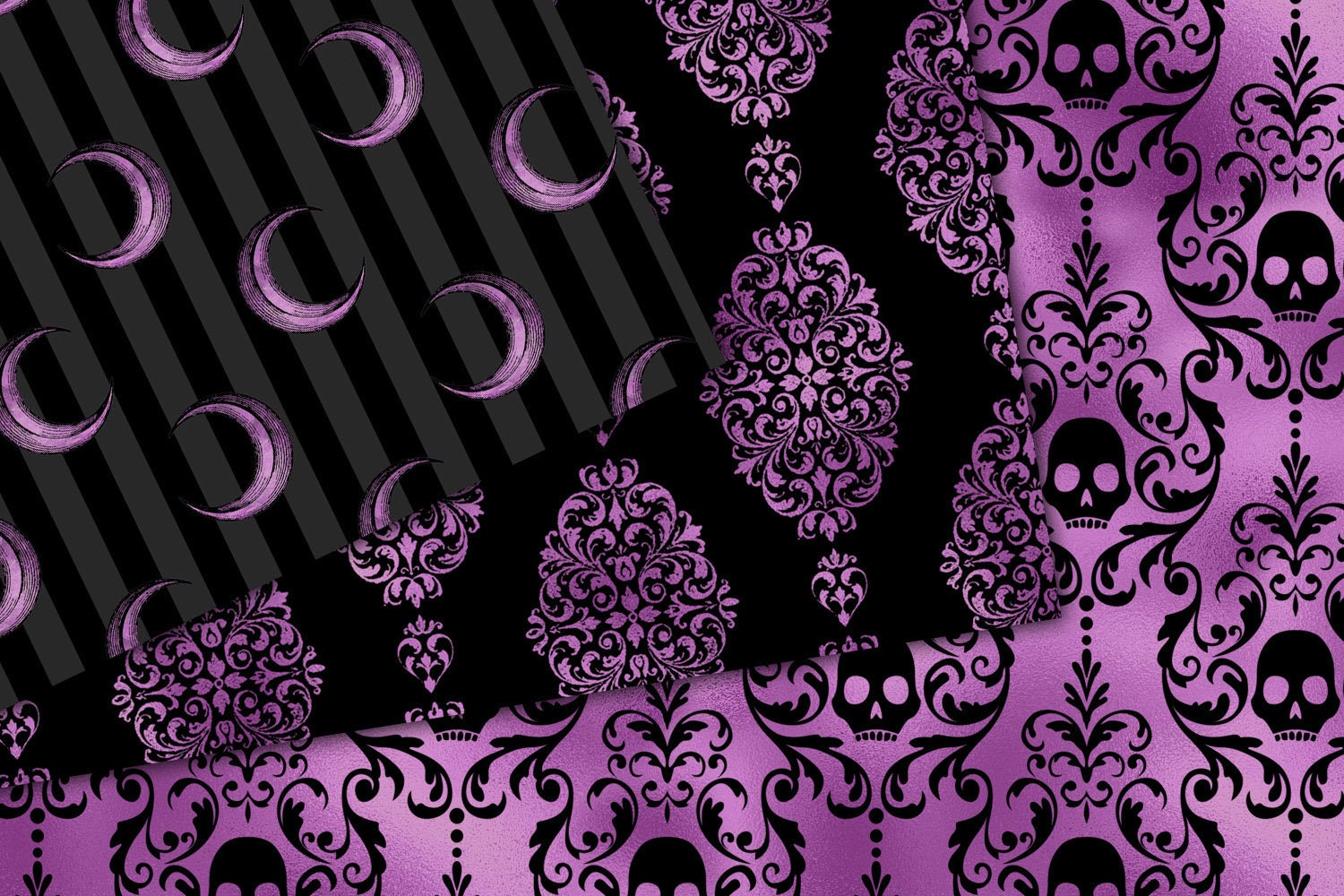 Black and Purple Halloween Digital Paper, Gothic Witch, Skulls (digital ...