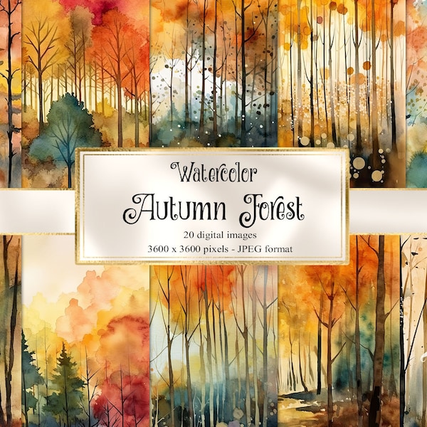 Watercolor Autumn Forest Digital Paper - watercolor textures instant download printable scrapbook paper for commercial use