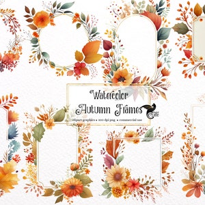 Aquarela Autumn Frames Clipart - molduras florais caem aquarela formato PNG download instantâneo para uso comercial