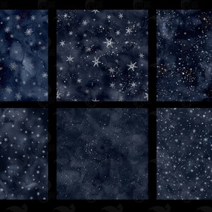 May include: Six digital paper patterns featuring a dark blue background with white snowflakes and stars. The patterns are perfect for creating digital scrapbook pages, cards, and other crafts.