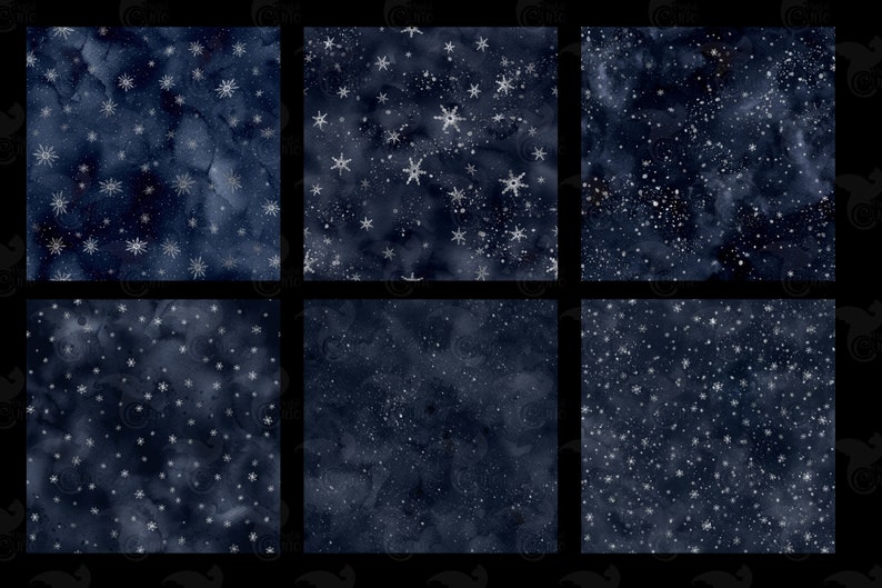 May include: Six digital paper patterns featuring a dark blue background with white snowflakes and stars. The patterns are perfect for creating digital scrapbook pages, cards, and other crafts.