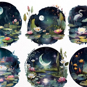 Watercolor Night Ponds Clipart Cute Fantasy Lily Pad and - Etsy