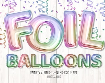 Rainbow Foil Balloon Alphabet Clip Art - iridescent digital instant download graphics in PNG format for commercial use party designs