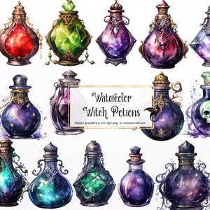 Watercolor Witch Potions Clipart - watercolor gothic magic potion bottles in PNG format instant download for commercial use
