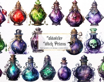 May include: A set of 16 watercolor illustrations of witch potions in various colors and designs. The potions are in glass bottles with ornate stoppers and are filled with colorful liquids. The illustrations are perfect for adding a touch of magic to your projects.