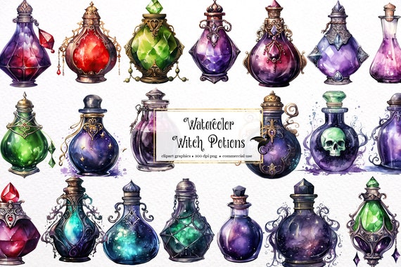 Watercolor Witch Potions Clipart – Magic Bottles, Gothic PNG (Digital Download)
