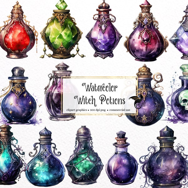 Watercolor Witch Potions Clipart - watercolor gothic magic potion bottles in PNG format instant download for commercial use