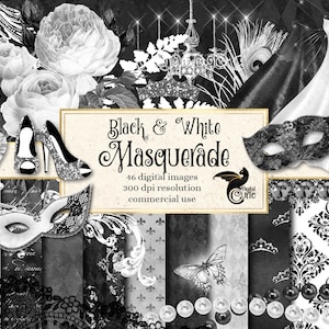 Zwart-wit maskerade digitale Scrapbook Kit, zilveren glitter Mardi Gras illustraties en digitaal papier direct downloaden voor commercieel gebruik
