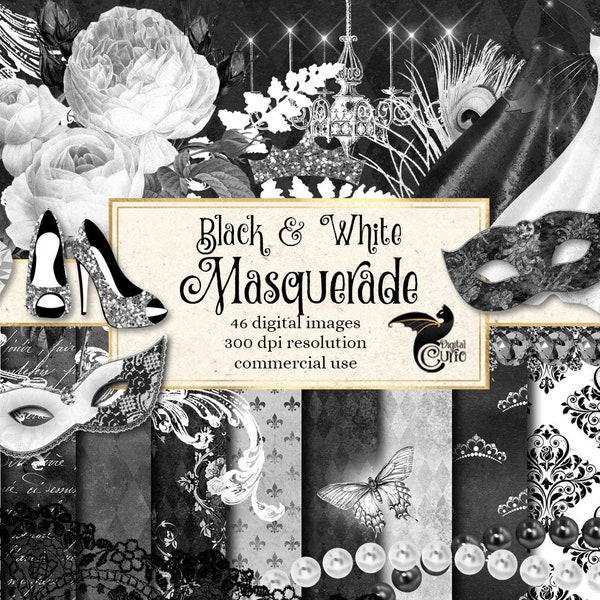 Black and White Masquerade Digital Scrapbook Kit, silver glitter mardi gras clip art and digital paper instant download for commercial use