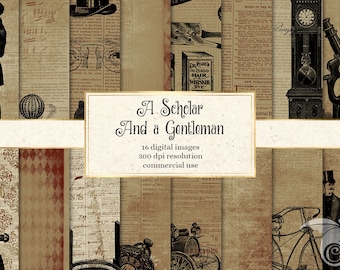 A Scholar and A Gentleman Digital Paper, printable scrapbooking or junk journal paper instant download for commercial use