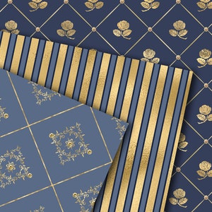 Victorian Blue and Gold Digital Paper, Damask Ornaments (digital ...