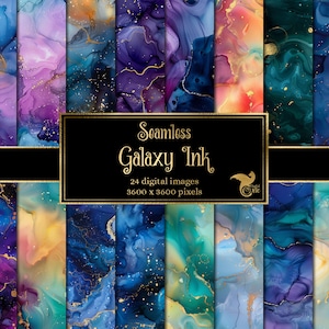 May include: A set of 24 digital seamless galaxy ink patterns. The patterns feature swirling blue, purple, and gold colors with a galaxy-like appearance. Each pattern is 3600 x 3600 pixels.