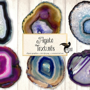May include: Six agate slices in various colors and patterns, including purple, blue, white, and brown. The agate slices are arranged in a semi-circle on a white wooden background. The text "Agate Textures" is written in a decorative font on a beige rectangle.