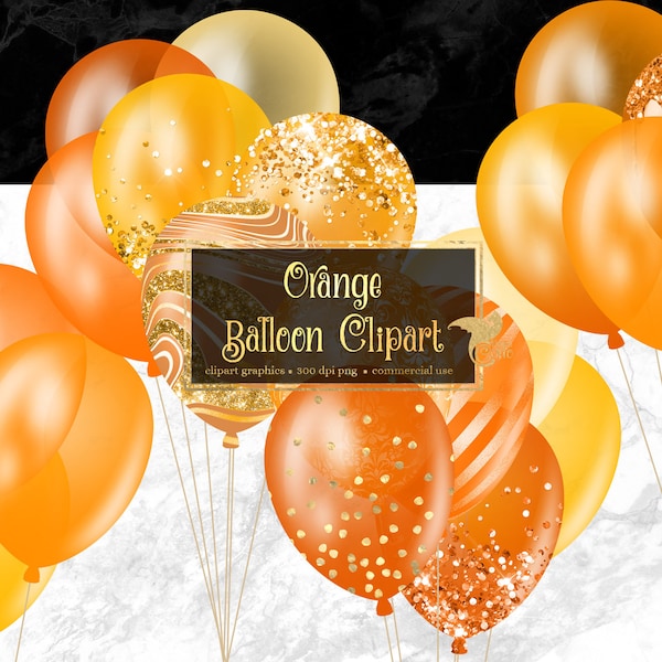 Orange Balloons Clipart, glitter party clipart for birthdays PNG format instant download for commercial use