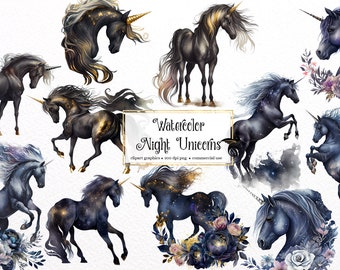 Watercolor Night Unicorn Clipart, fantasy clip art graphics PNG clip art graphics instant download for commercial use