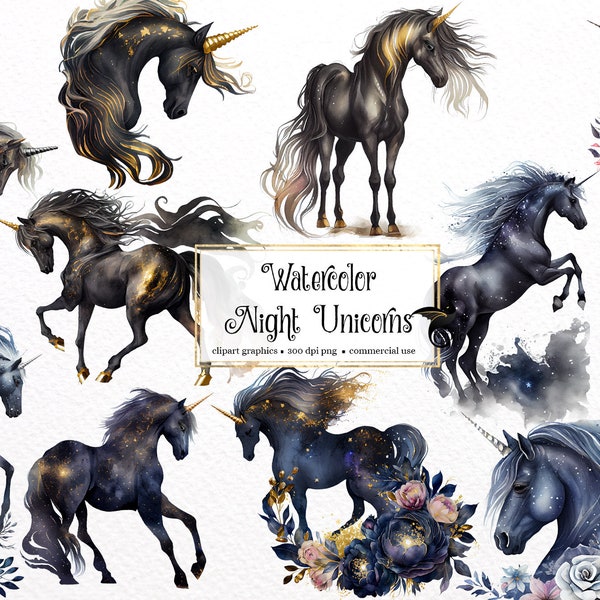 Watercolor Night Unicorn Clipart, fantasy clip art graphics PNG clip art graphics instant download for commercial use