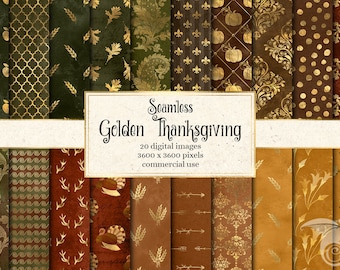 Papel digital dourado para ação de graças, padrões de outono sem emendas, fundos de outono, papel dourado para scrapbooking para impressão